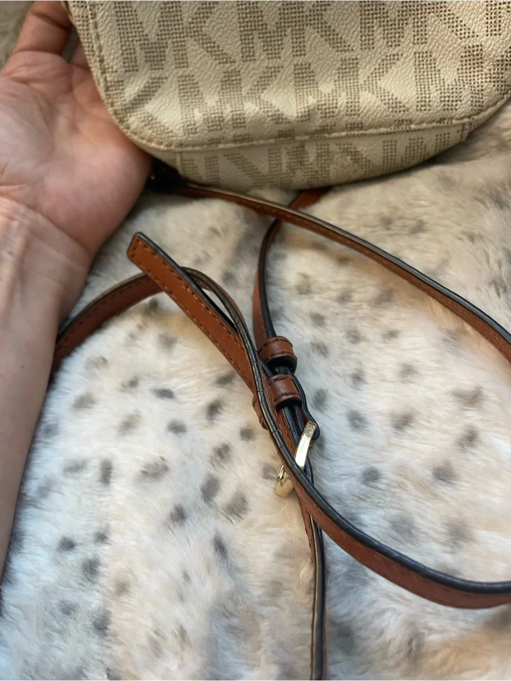 Michael Kors Cream Canvas & Brown Leather MK Logo Crossbody Bag